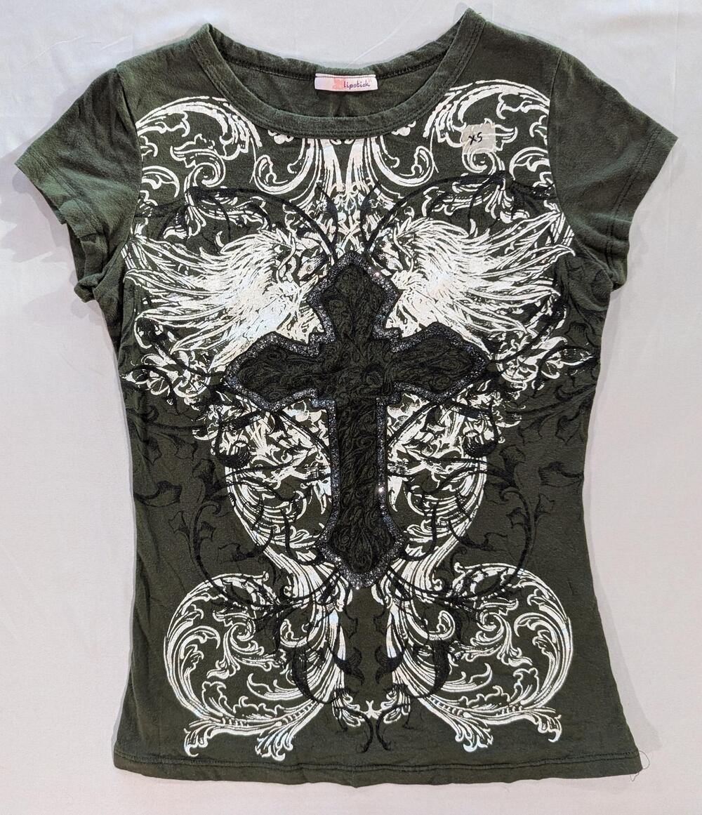 Lipstick Shirt Juniors XS Green Cross Paisley Gothic Christian Graphic Print Tee